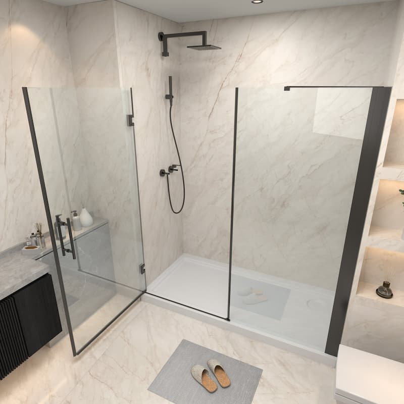 72" x 76" Pivot Semi-Frameless Shower Door in Black Finish with Tempered Glass - 76'' x 72''