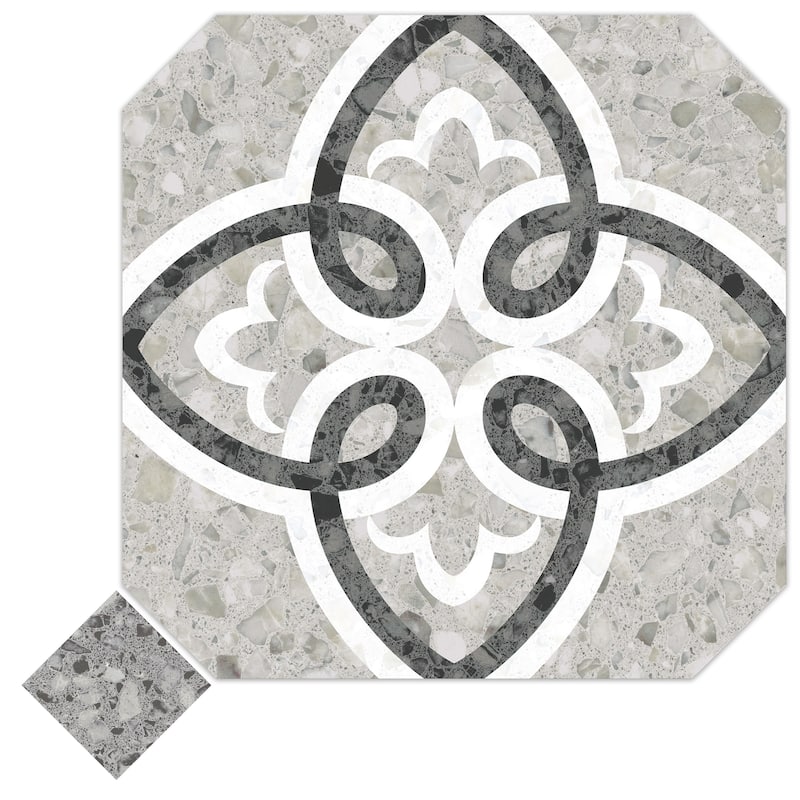 Merola Tile Riviera Octagon Garde Gris with Taco Nero 7-7/8" x 7-7/8" Porcelain Floor and Wall Tile