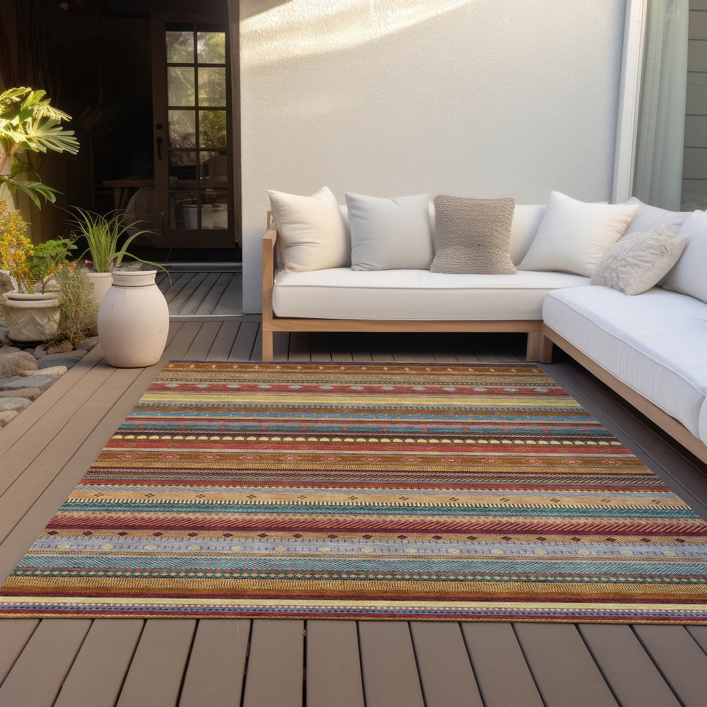 Machine Washable Indoor/Outdoor Boho Stripes Chantille Rug