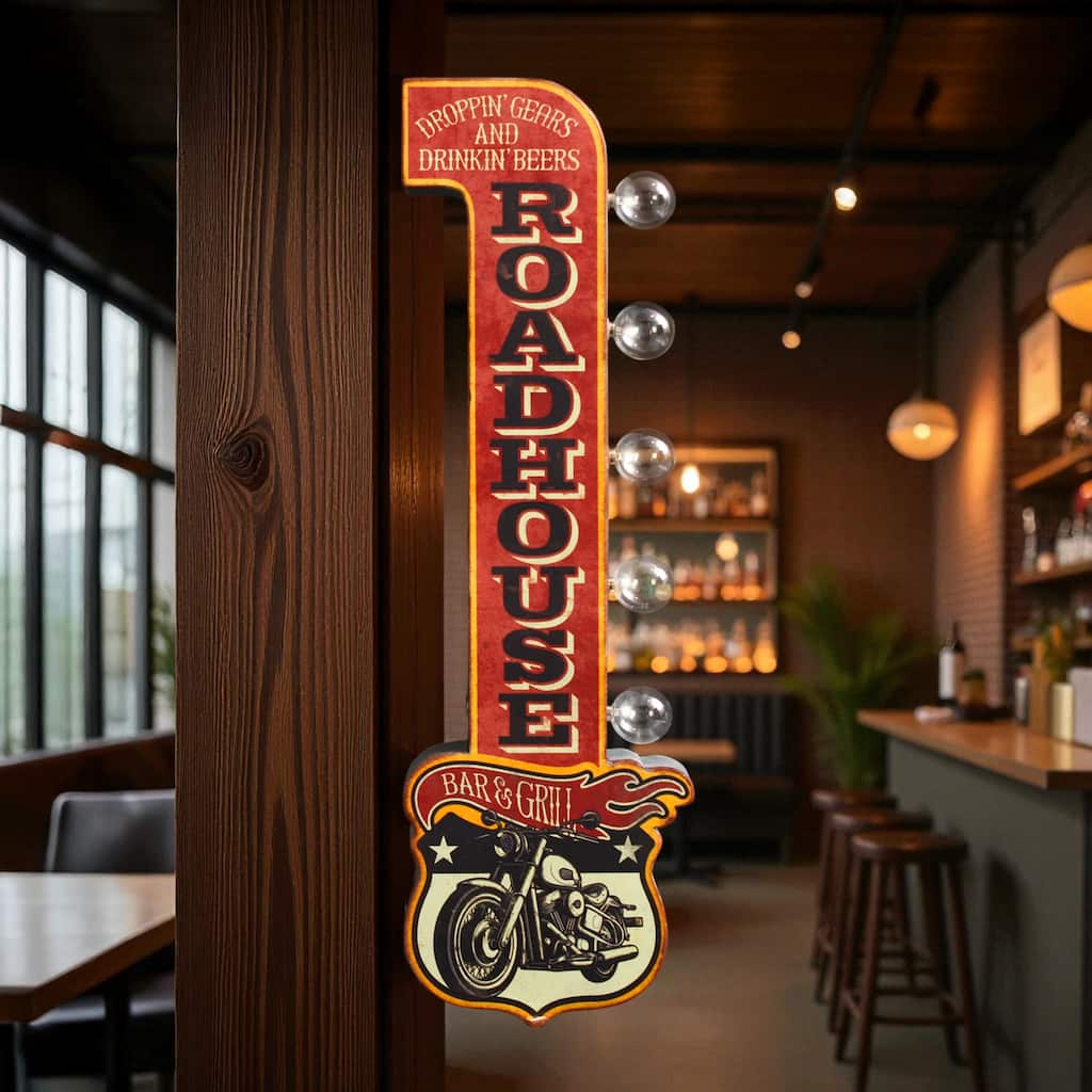 American Art Decor Vintage 'Roadhouse Bar & Grill' LED Metal Sign - Retro Wall Decor - 7.5" x 25.3"
