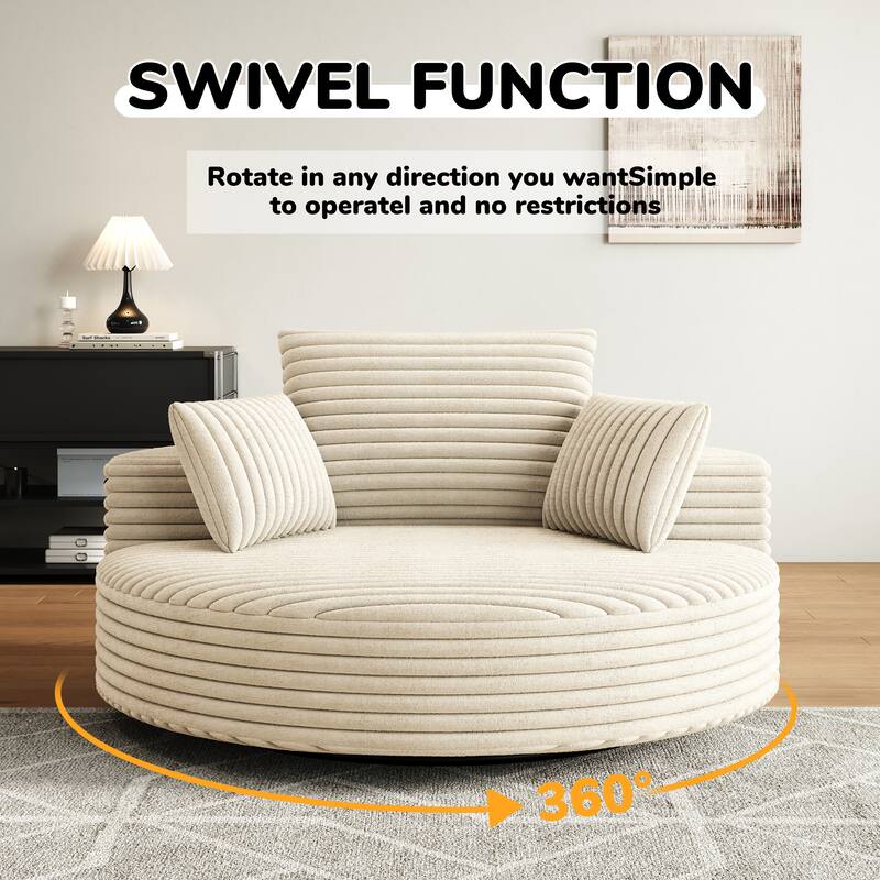 Oversized Swivel Accent Chair, Corduroy Round Lounge Sofa Chair, Upholstered Reading Armchair with Back Cushion & 2 Pillows