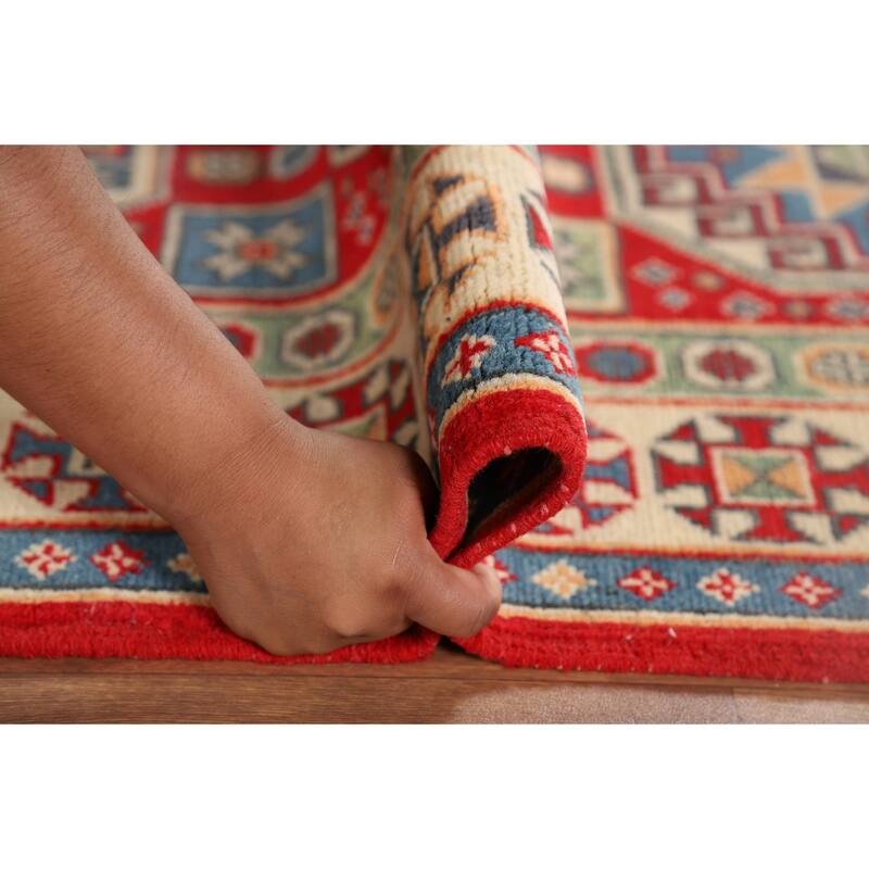 Geometric Kazak Runner Rug Hand-Knotted Oriental Red Wool Carpet - 2'9" x 9'11"