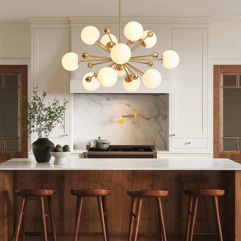 12-Light Modern Sputnik Brass Chandelier with Frosted Glass Globes for Living Room, Dining Room - 12 Light