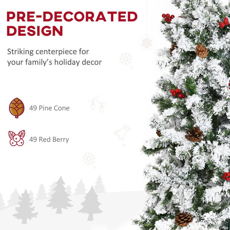 9ft Snow-Flocked Pencil Christmas Tree with Pinecones & Red Berries, Realistic Branches & Easy Setup