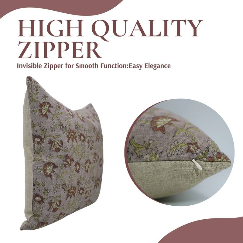 Fabdivine Cushion Cover Block Printed Throw Pillowcase Pink Thick Linen for Cozy Accent Home Floral Farmhouse Décor, Nayab