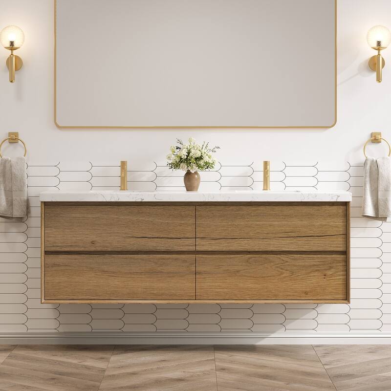 24"30"36"48"60"72"84" Floating Bathroom Vanity Engineered Stone Top with Rectangular Ceramic Undermount Sink