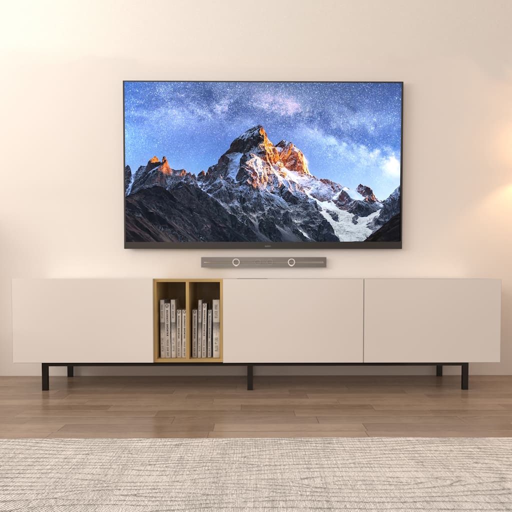 White 77" TV Console with Big Storage & Built-in Socket for TVs Up to 70"