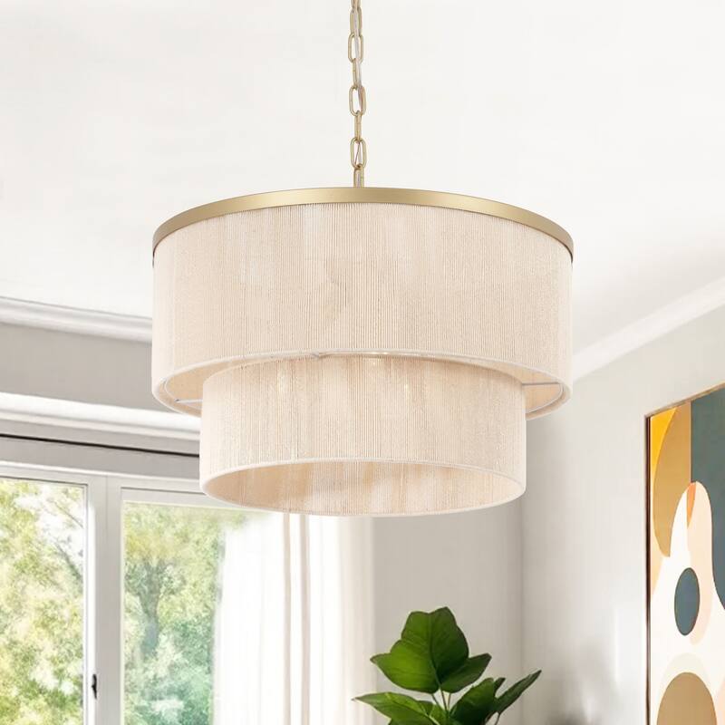 GetLedel 3-Light Natural Rope Drum Chandelier Handwoven Coastal Boho Ceiling Light - Gold