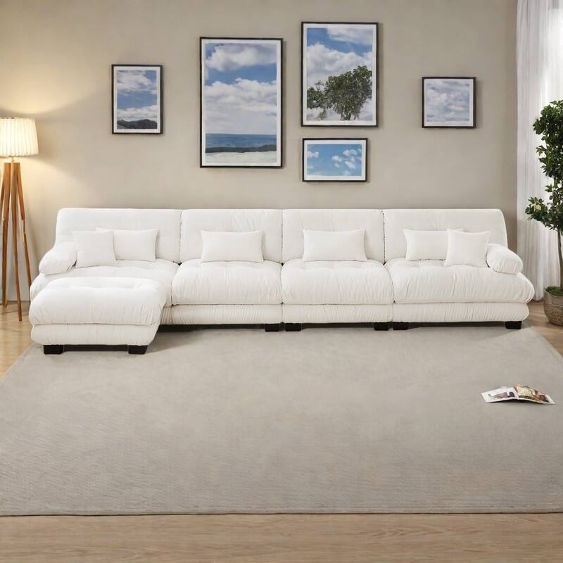 173.2" Chenille Modular 4-Seater L-Shaped Cloud Sectional Sofa with Ottoman - White