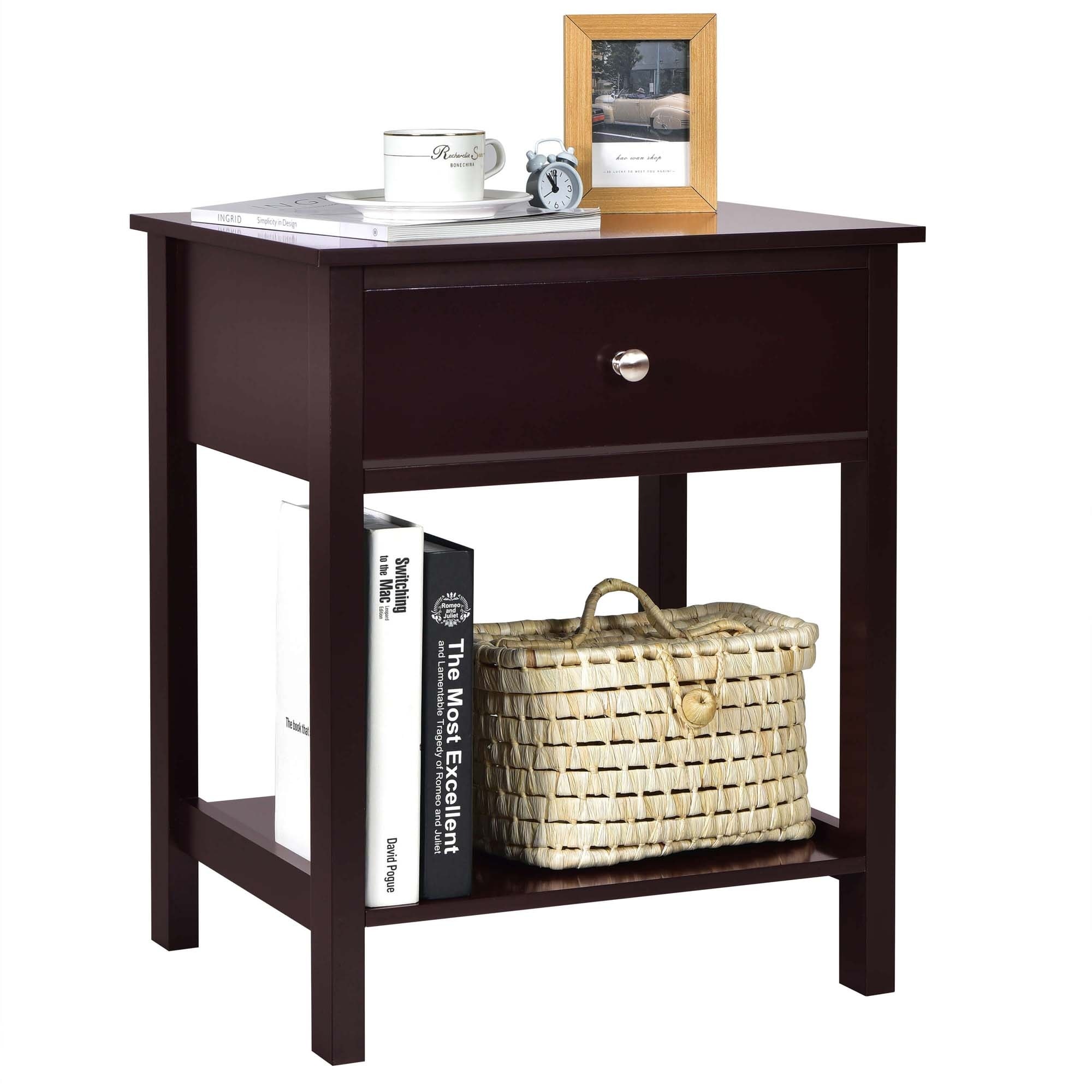 Costway Nightstand with Drawer Storage Shelf Wooden Bedside Sofa Side
