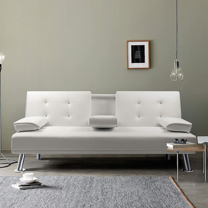 Furniwell Modern Faux Leather Futon with Cup Holders & Pillows, 65" - White