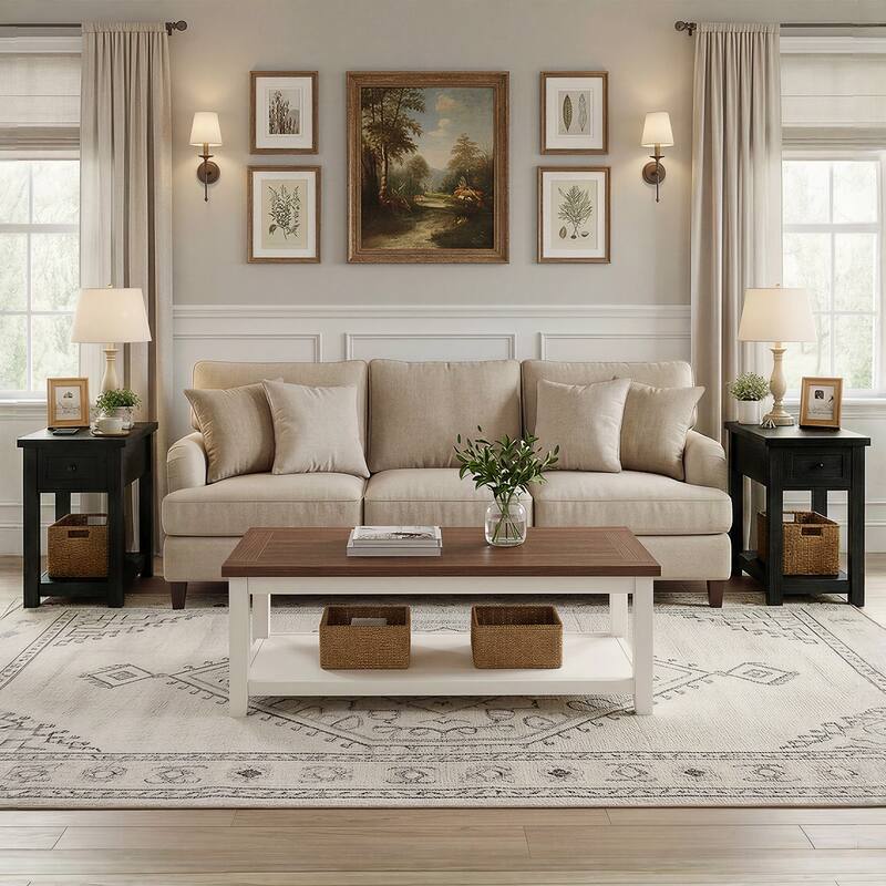 Farmhouse End Table with Wood Drawers and Charging Station, Sofa Side Table, Nightstand