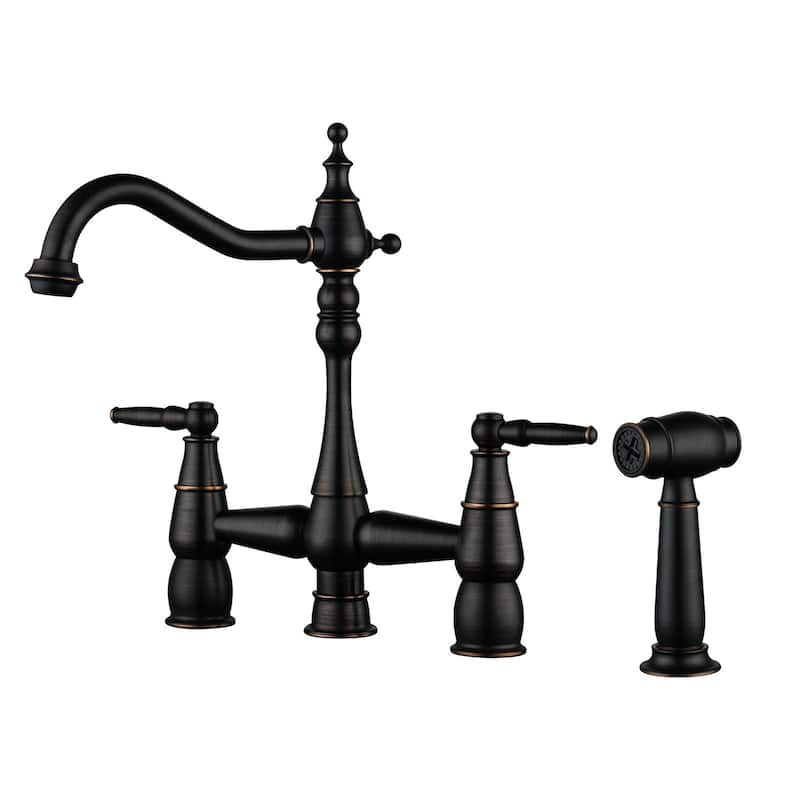 WOWOW 4 Hole Double Handle Bridge Kitchen Faucet with Side Sprayer - Oil Rubbed Bronze