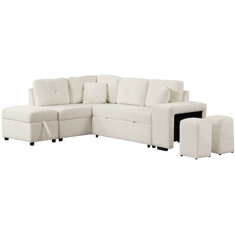 Roomfitters Convertible Sleeper Sectional Sofa Bed with Storage Ottoman, Two Throw Pillows, Two Stools, Wireless Charger