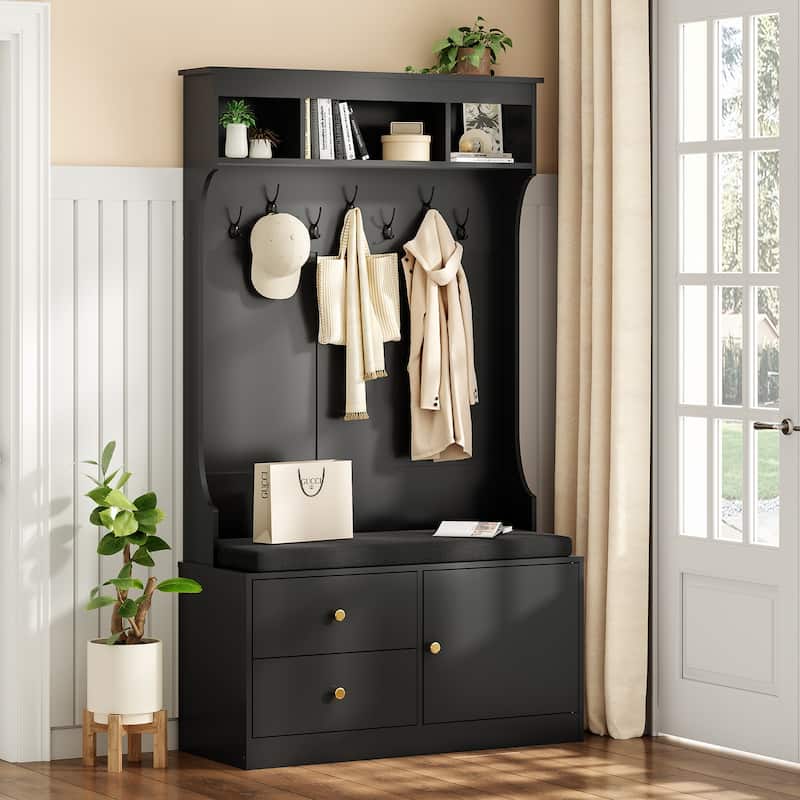 Hall Tree with Bench and Shoe Storage, Mud Room with Seating and 7 Hooks, 6-in-1,for Entryway, 70.9"