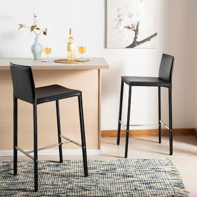 SAFAVIEH Mid-Century 30-inch Park Black Leather Bar Stool (Set of 2) - 18.3" x 19.7" x 39.4"