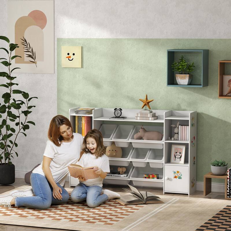 White Children’s Storage Organizer with Shelves and Toy Bins Cupboard and Round Corner for Kids - 55.1" L x 11.8" W x 35.4" H