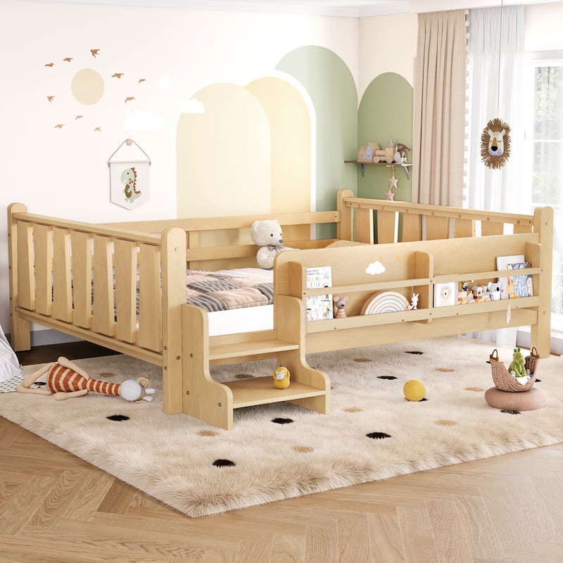 Full/Twin Floor Bed with Storage Bookcases & Cute Stairs - Solid Wood Kids Bed, No Box Spring