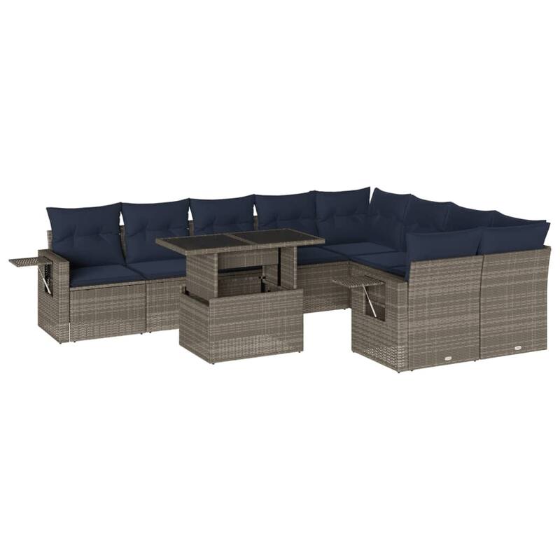 vidaXL 10 Piece Patio Sofa Set with Cushions Black/Gray Poly Rattan - 24.4 x 24.4 x 27.2