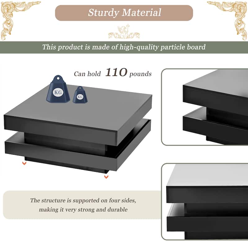 Roomfitters Modern Square Coffee Table with High Gloss Finish, 2-Tier Center Table with Lighting for Stylish Living Room