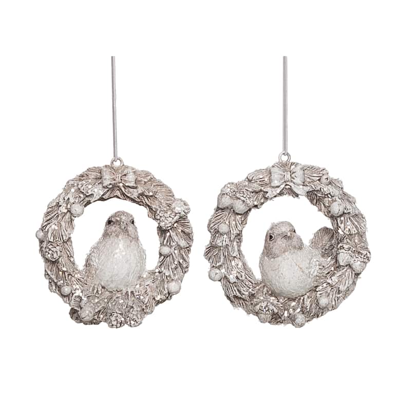 Transpac Resin Glitter Winter Bird w/Wreath Ornament Set of 2 Christmas Home Decorations