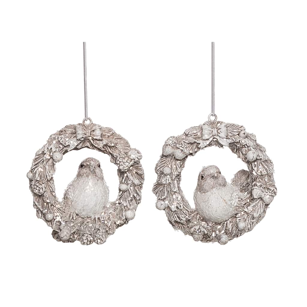Transpac Resin Glitter Winter Bird w/Wreath Ornament Set of 2 Christmas Home Decorations