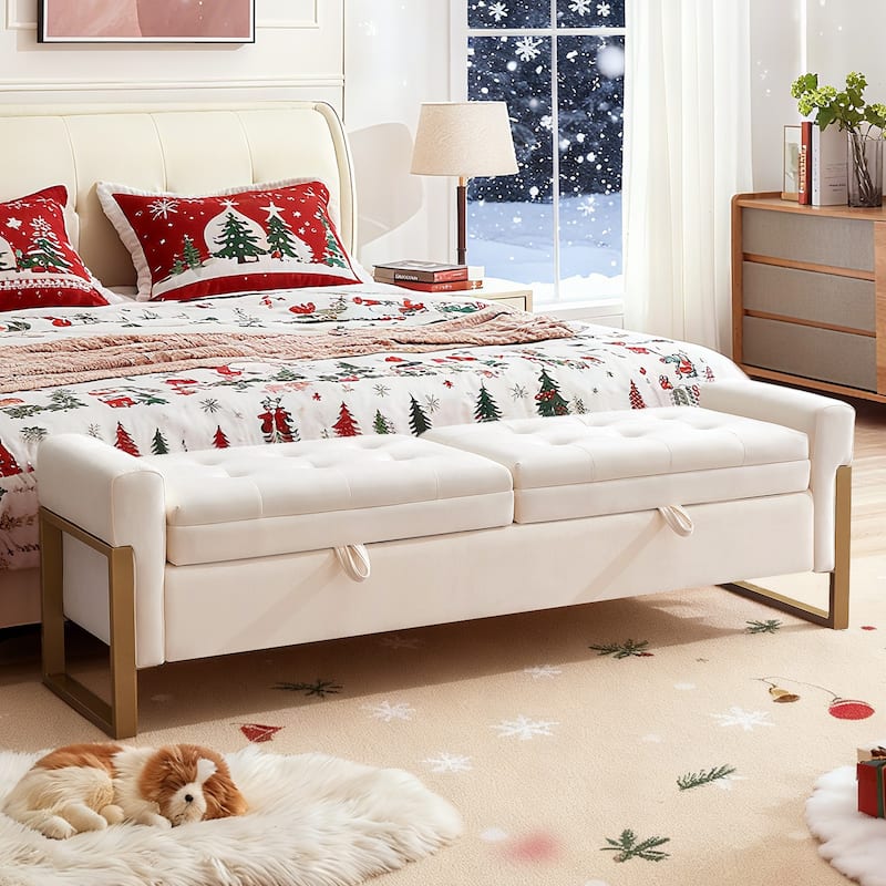 66" Storage Bench King Size End of Bed with Double Lids and Gold Legs