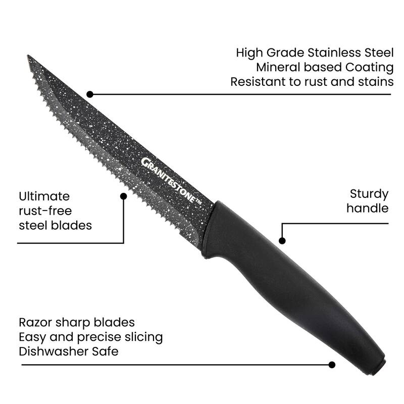 Granitestone NutriBlade Black 6 Piece Serrated Steak Knife Set Nonstick Stainless Steel