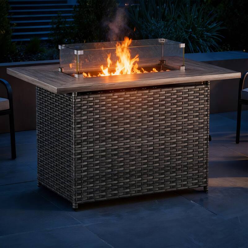 Meyreso 41 in. Rectangular Brown Wicker and Metal Propane Gas Outdoor Fire Pit Table with Lava Rocks, 50000 BTU