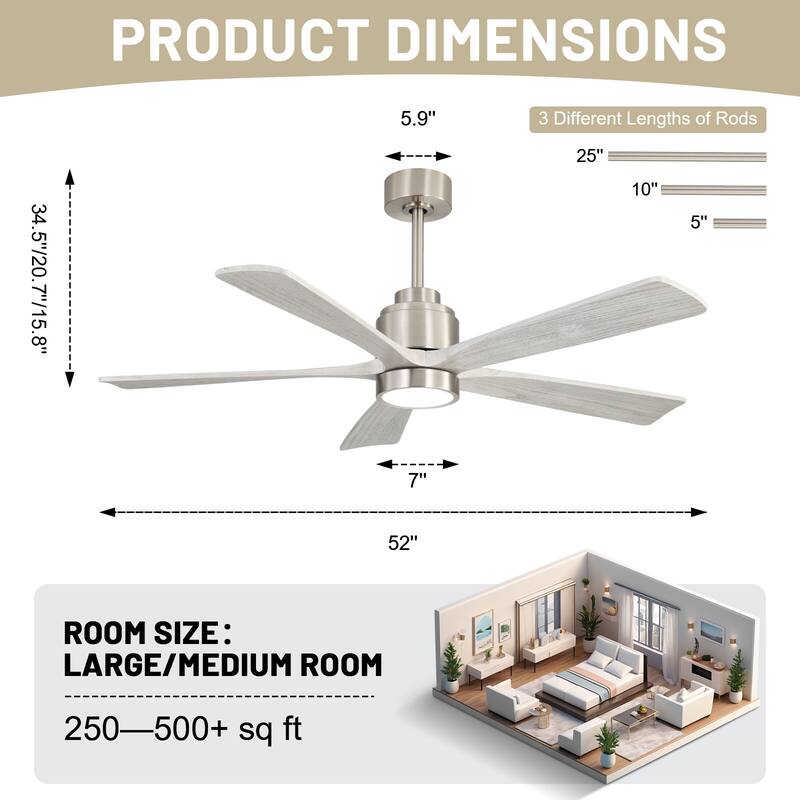 52" Solid Wood Noiseless Ceiling Fans with Dimmable LED Light Optional and Remote, 6-Speed Reversible DC Motor,Smart Optional