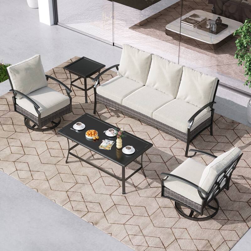 Patio PE Wicker Conversation Set with Swivel Chairs, Coffee & Side Table
