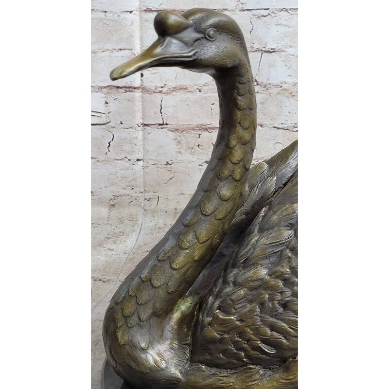 Bronze Metal Swan Bird Sculpture Statue Figure Decor On Marble Base Signed Original