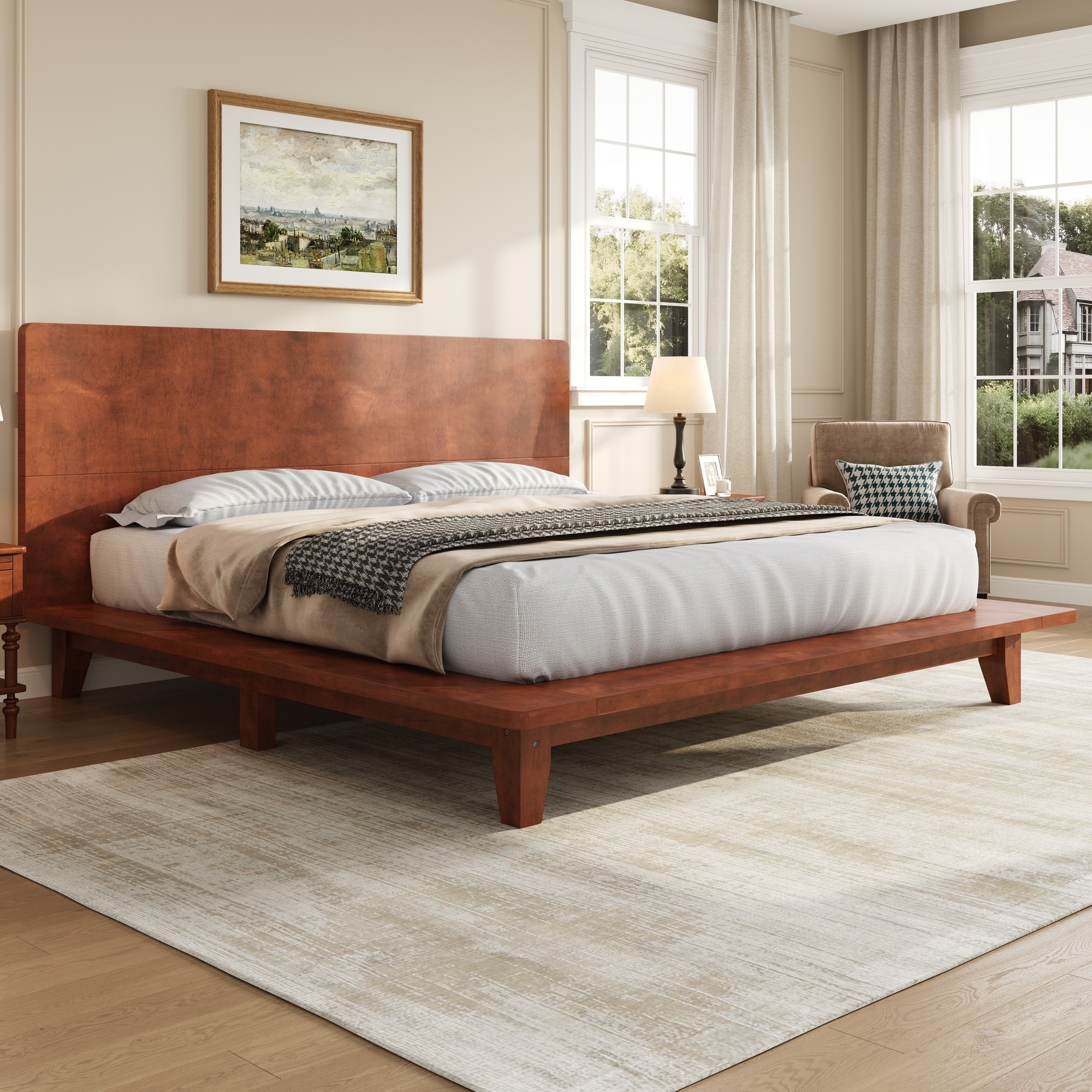 GDFStudio - Modern Wooden Platform Bed Frame with Headboard