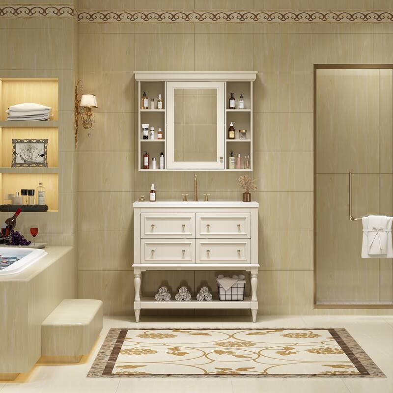 GDFStudio - Marquette Luxury Bathroom Vanity Set with Ceramic Sink, Mirror Medicine Cabinet and 4 Storage Drawers - 36'W