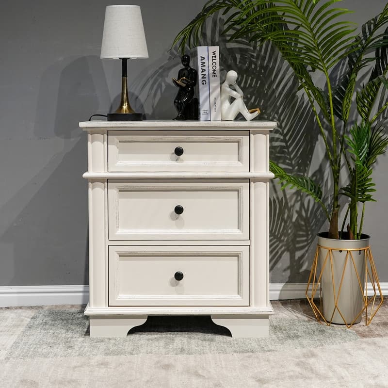 Solid wood 3 drawer nightstand with 2 Usb