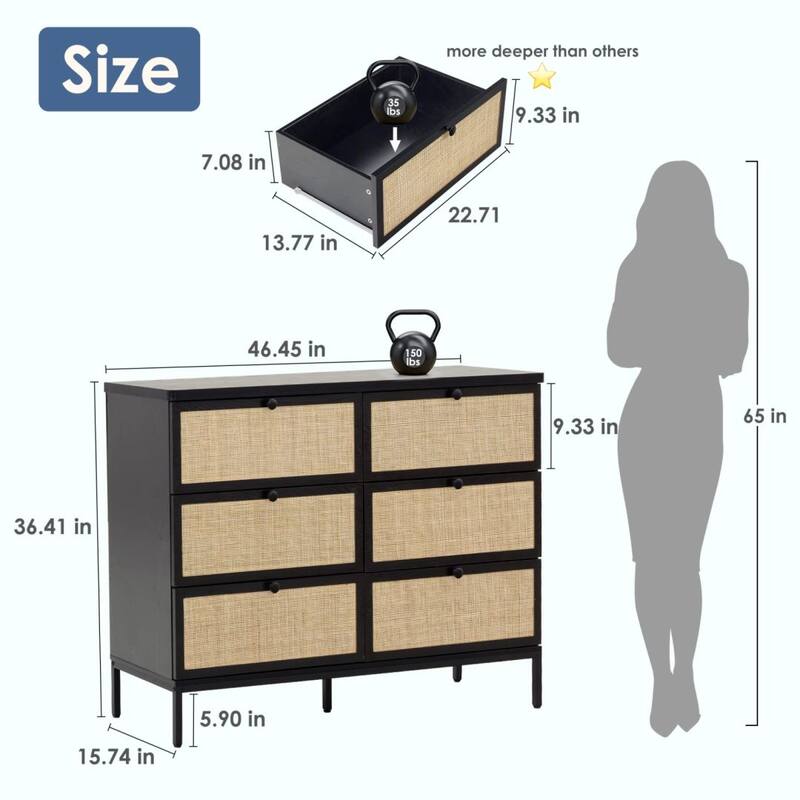 Boho Natural Rattan 6-Drawer Dresser