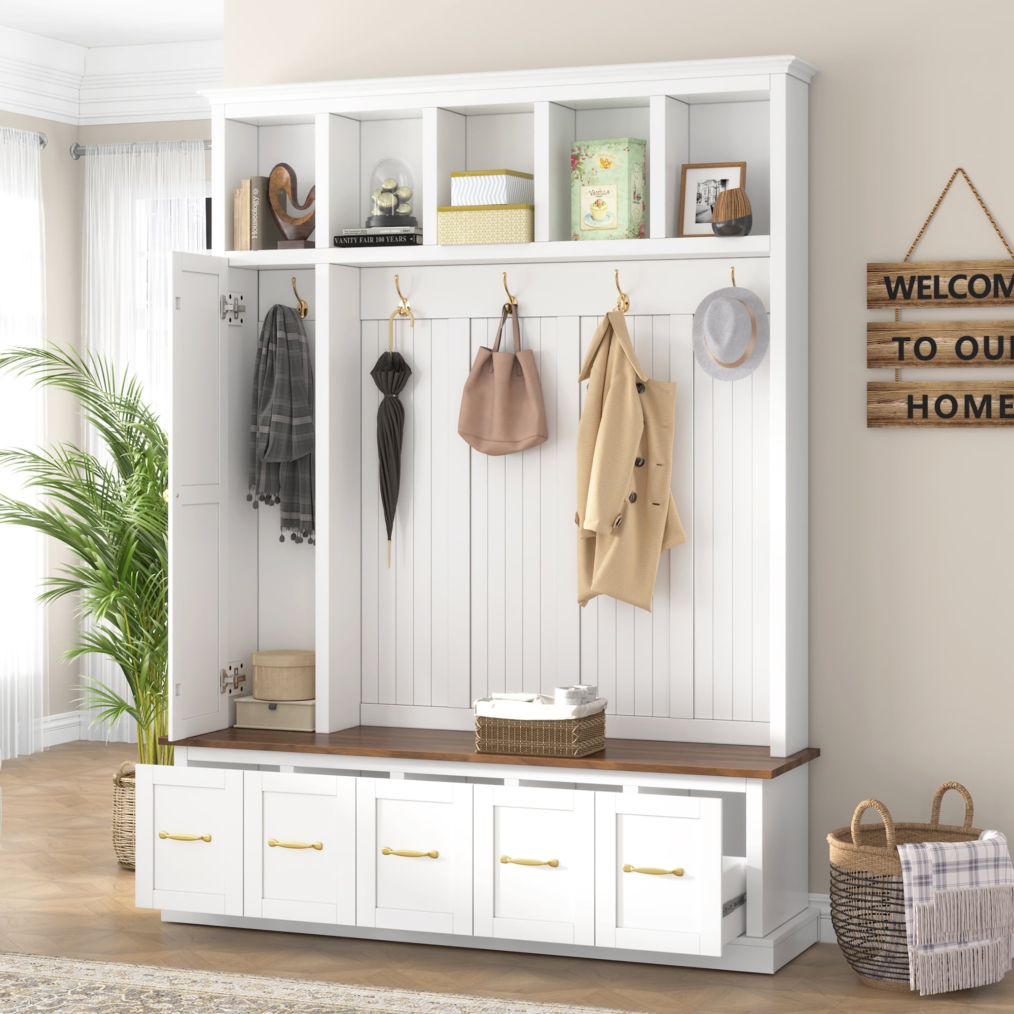 Entryway Hall Tree with Hooks Bench and Storage Drawers