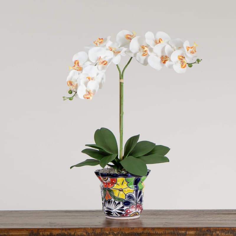 Double Orchid Artificial Floral Arrangement in Mexican Talavera Planter - 26"