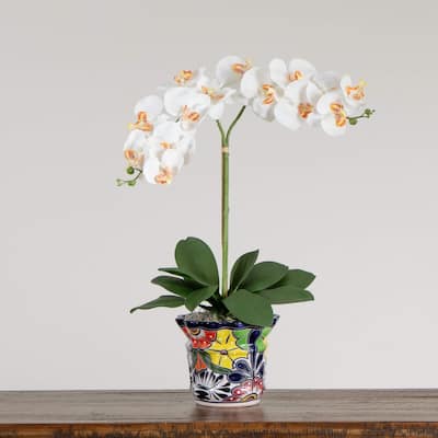 Double Orchid Artificial Floral Arrangement in Mexican Talavera Planter - 26"