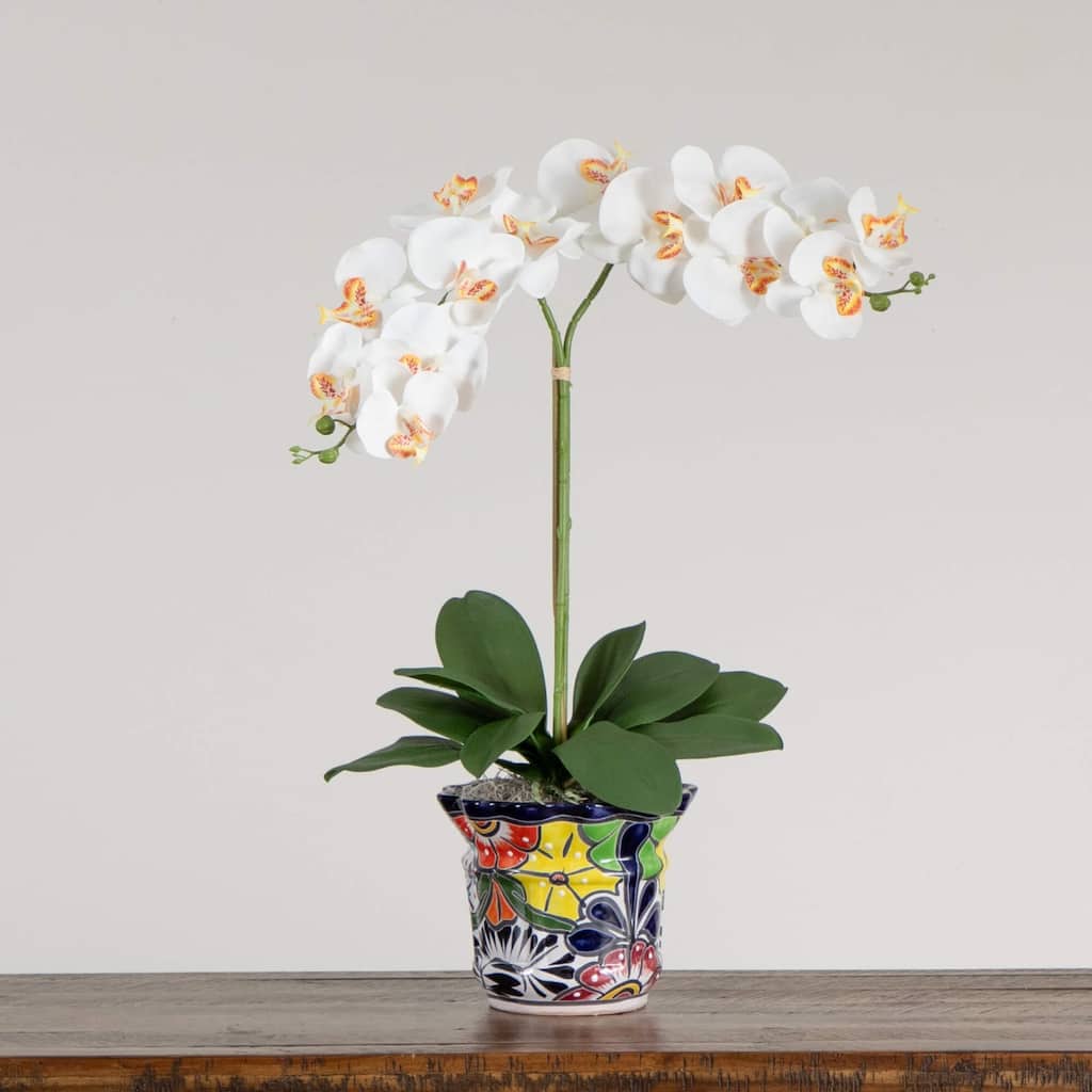 Double Orchid Artificial Floral Arrangement in Mexican Talavera Planter - 26"