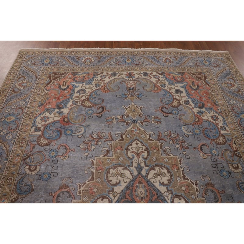 Blue Distressed Tabriz Persian Vintage Rug Hand-Knotted Wool Carpet - 7'4" x 10'3"
