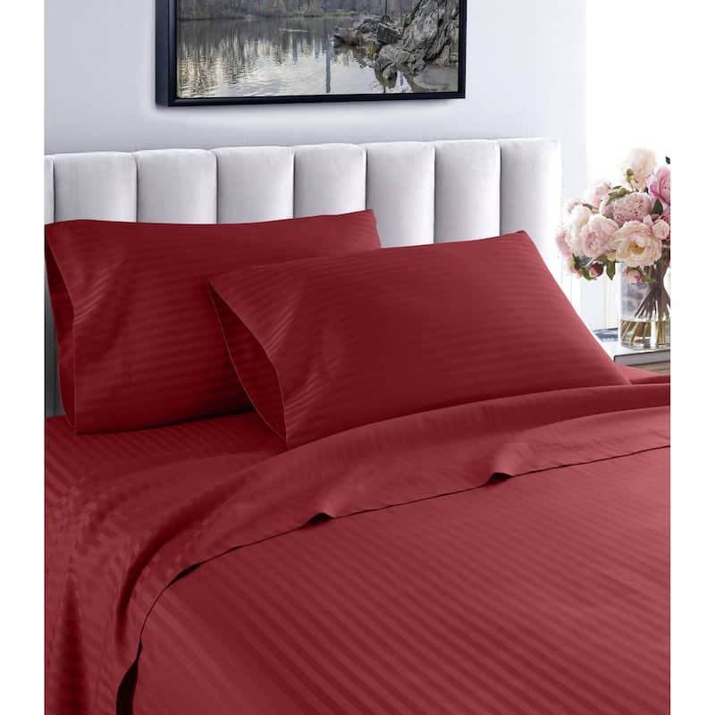 Striped 1200 TC Egyptian Cotton Deep Pocket Bed Sheet Set - Burgundy - Queen