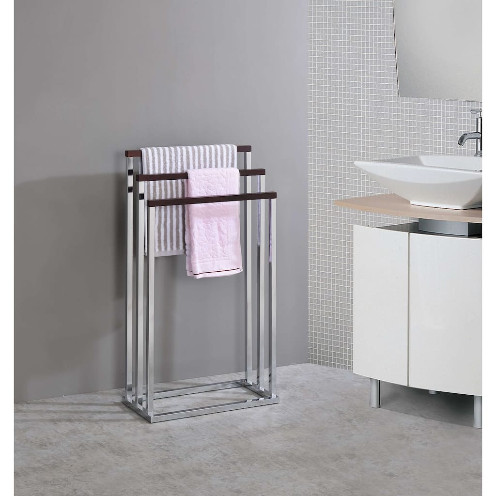 Chrome Metal/Walnut Wood Freestanding Towel Rack Stand