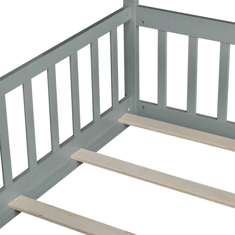 Twin Tent-shaped Floor Bed,Teepee Bed with Guardrails