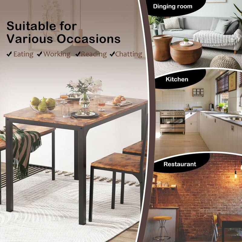 4 Person Dining Table Set, Kitchen Table Set for 4, Dining Room 2 Chairs with Backrest, 2-Person Bench with Storage Rack