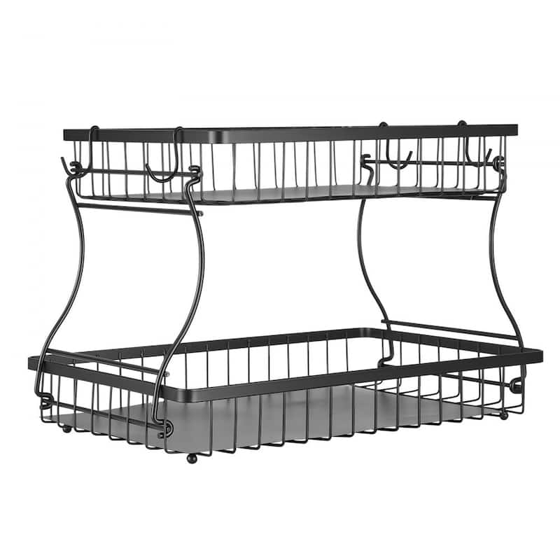 Matte Black Double-Layer Fruit Basket Holder Countertop Storage Organizer for Kitchen Fruits - 15.16” x 9.06” x 9.65”