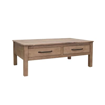 Umey 53 Inch Coffee Table, 2 Drawers, Light Natural Brown Wood Frame