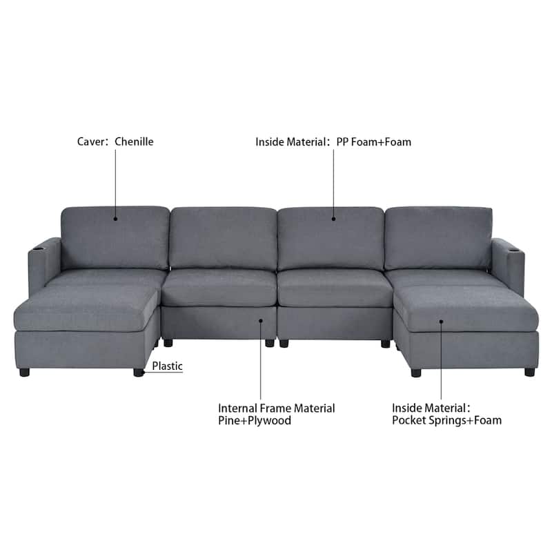 123" U-Shape Modular Sectional Couch with Storage Function, Ottoman