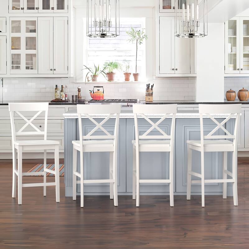 24 in. Solid Wood Cross Back Bar Stools X-Back Wooden Bar Chairs with Footrests - 19.7"D x 17.5"W x 28.4"H - Set of 4 - White