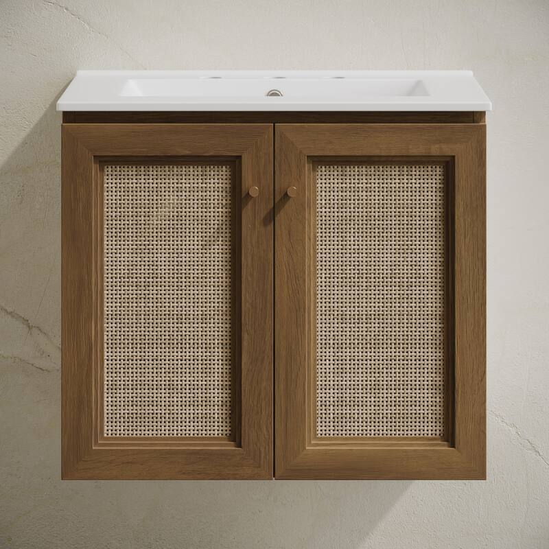 Classe 24" Wall-Mounted Bathroom Vanity In Brown Oak With Widespread Faucet Holes Vanity Top - 24